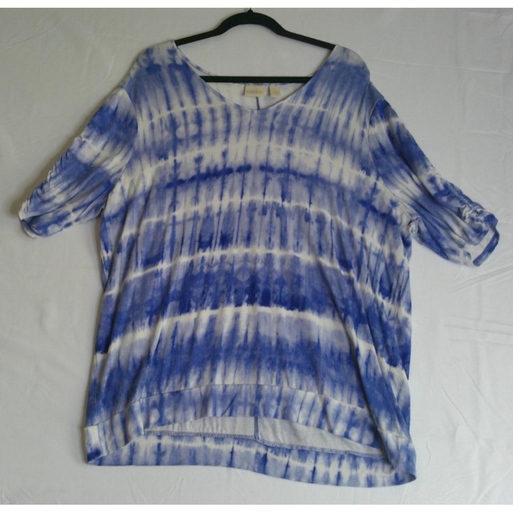 Chicos 4 US 2X Top Blue White Tie Dye Ruched Short Sleeve V Neck Coastal Chic